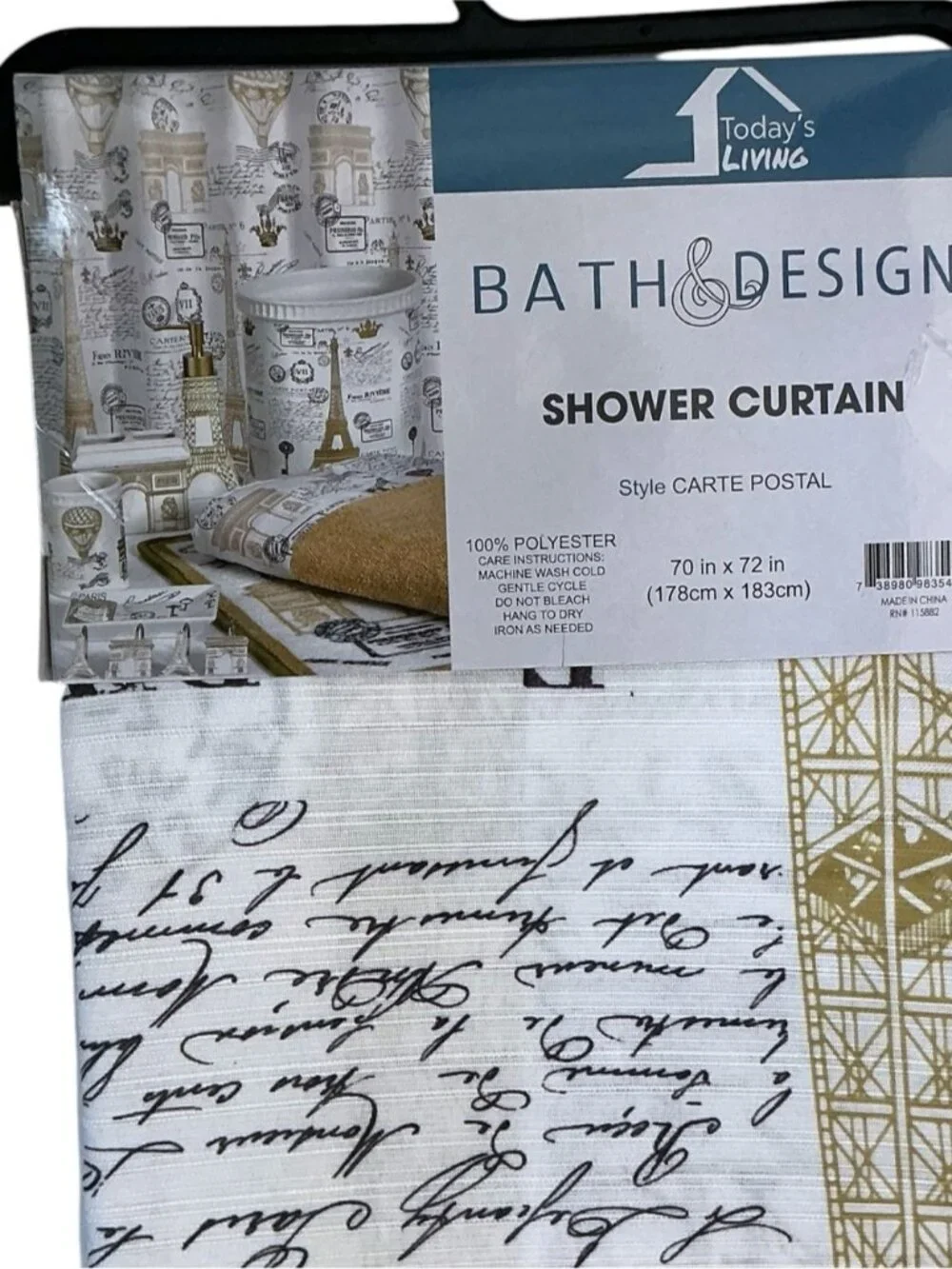 Paris Eiffel Tower Material Fabric Shower Curtain White Gold 70’x 72” NEW